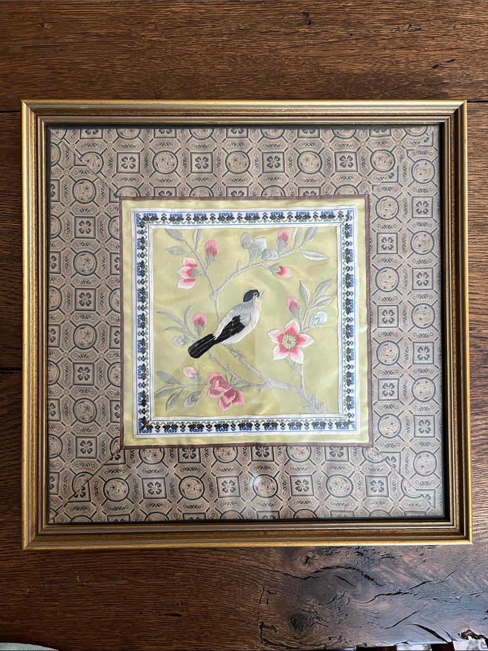 Vintage Antique Framed Silk Bird Print